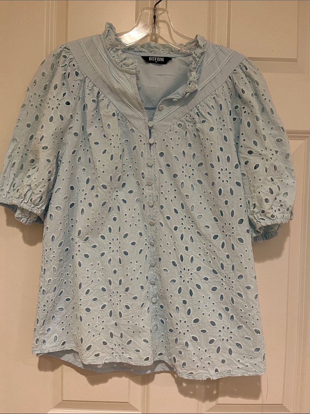 Pale Aqua Blue Eyelete Puff Sleeve Top